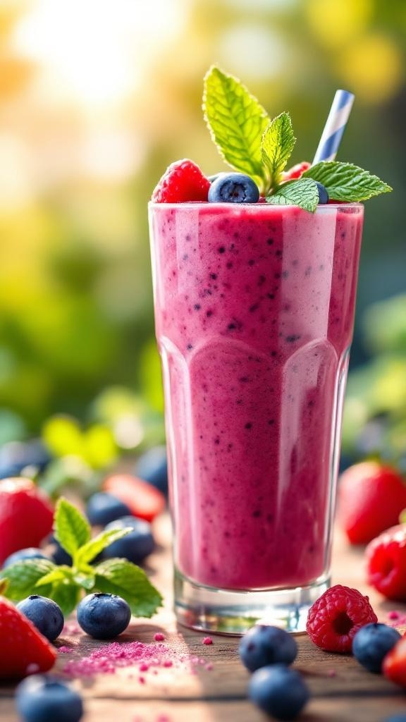 A colorful Berry Blast Smoothie in a glass, garnished with mint leaves and surrounded by fresh berries.