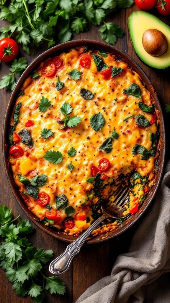 A colorful vegetable breakfast casserole with tomatoes, spinach, and cheese, garnished with cilantro.
