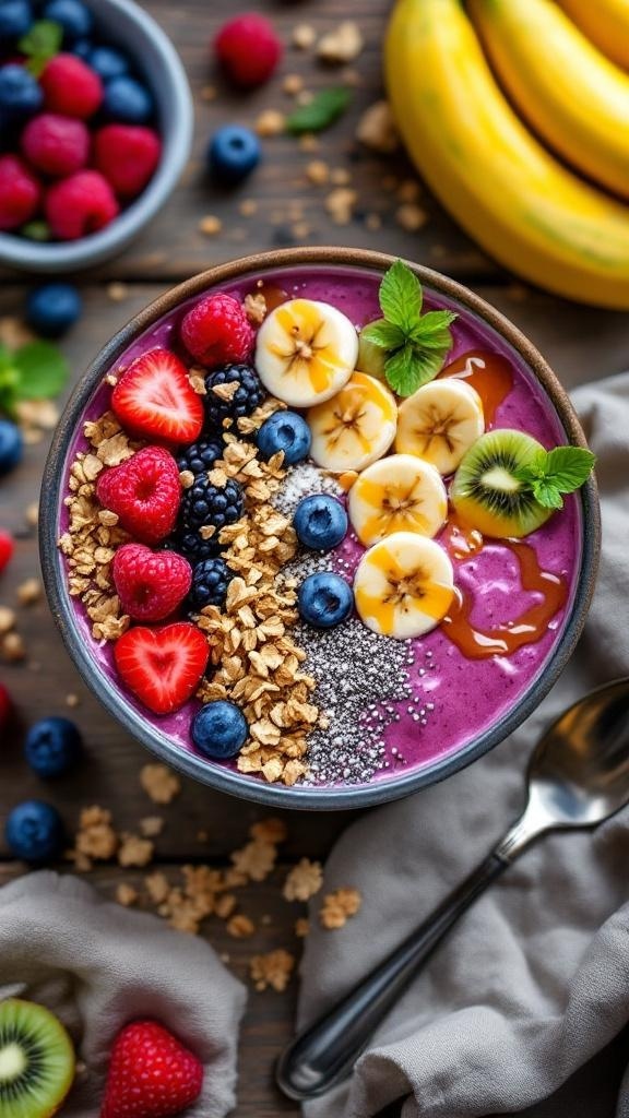 A colorful smoothie bowl topped with fresh fruits, granola, and chia seeds.