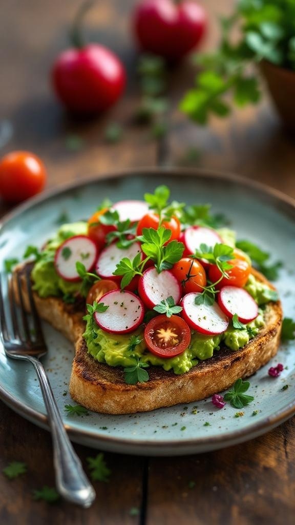 A plate of avocado toast topped with cherry tomatoes and radishes, garnished with fresh herbs.