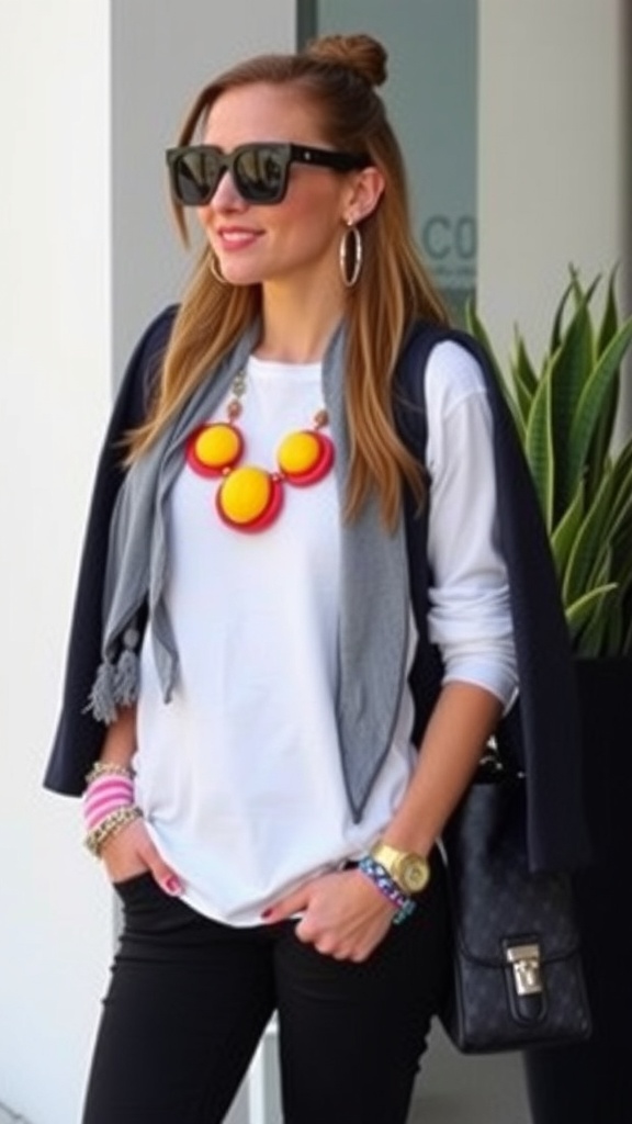 An orange blazer, white tee, and black pants styled with statement accessories like a layered necklace, hat, and sunglasses.
