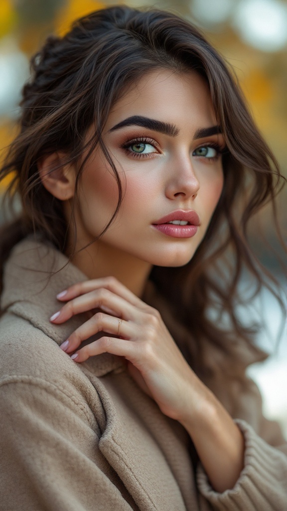 Model with statement brows and soft makeup, showcasing fall beauty trends.