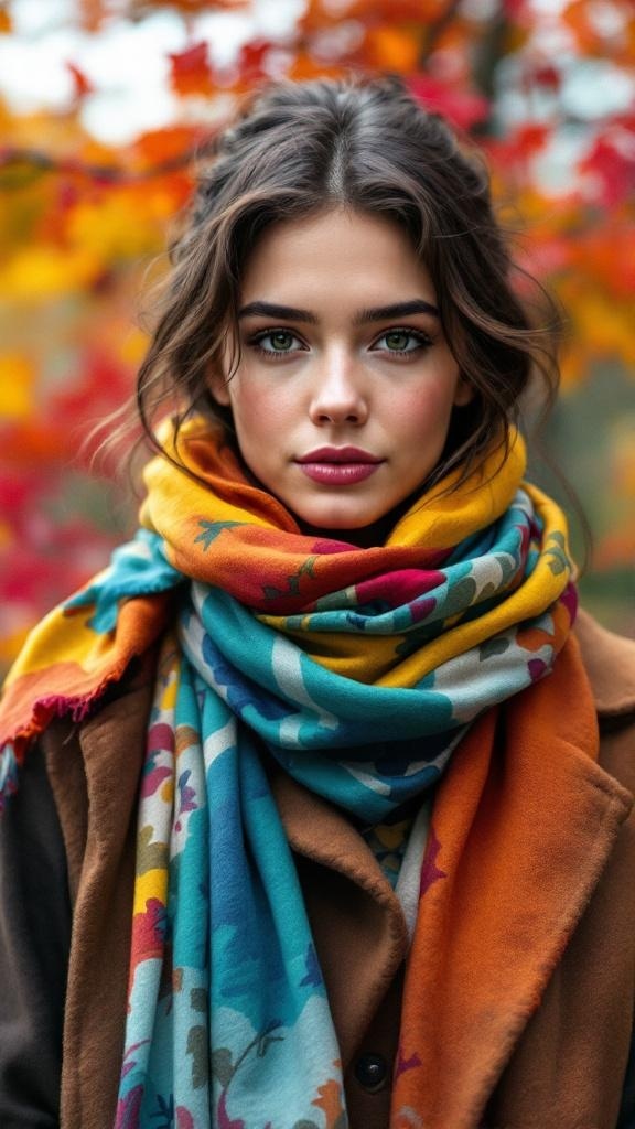 A woman wearing a colorful scarf with floral patterns in front of autumn leaves.