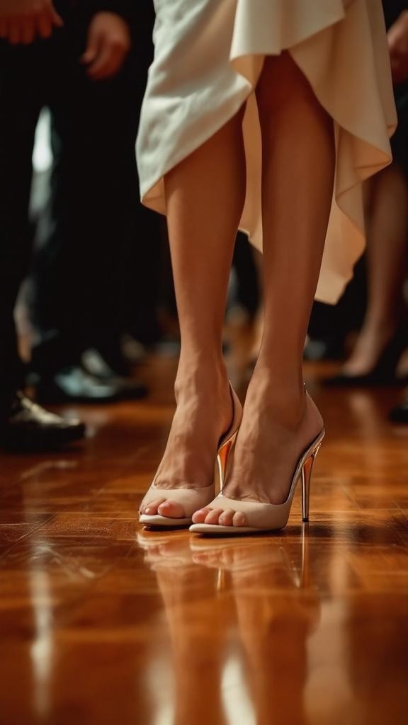 A group of stylish shoes on a wooden floor, featuring black stilettos and other formal footwear.