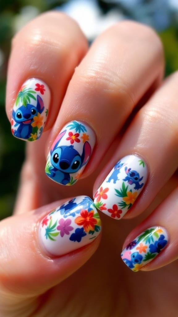 Nail design featuring Stitch from Disney's Lilo & Stitch with floral patterns.