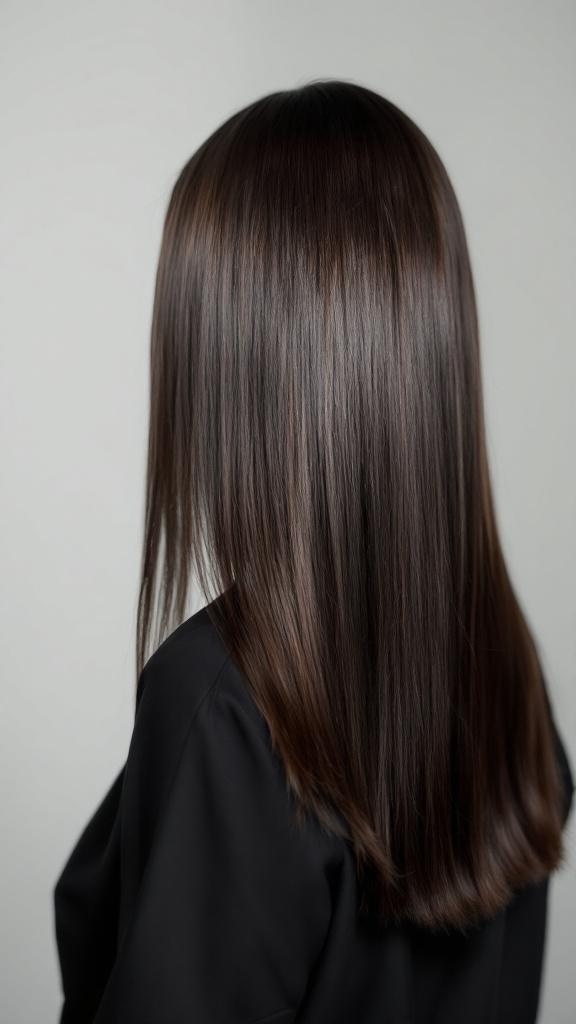 A person with long, straight, and sleek hair, showcasing a polished hairstyle.