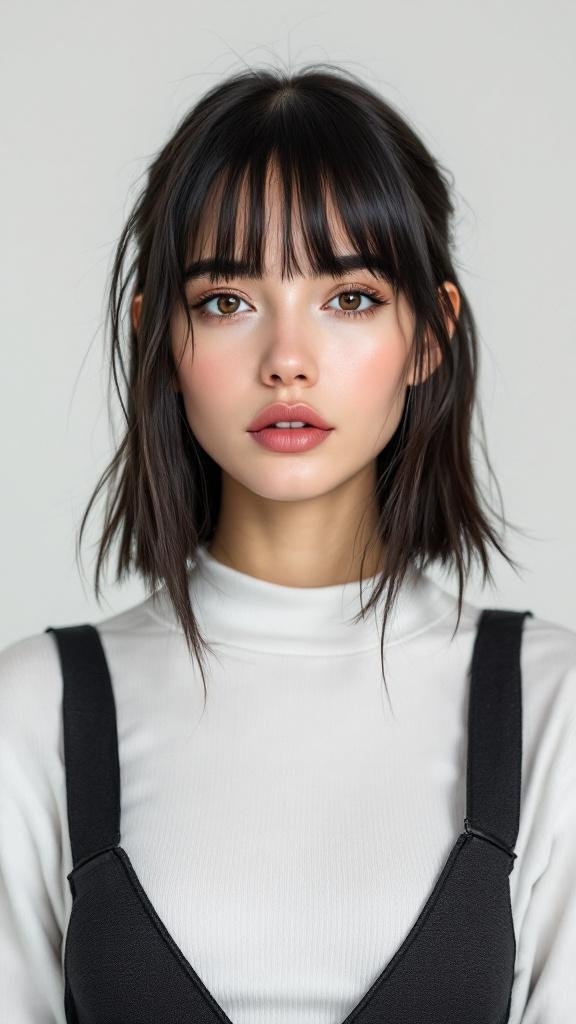 Model with straight curtain bangs and a middle part, showcasing a chic hairstyle