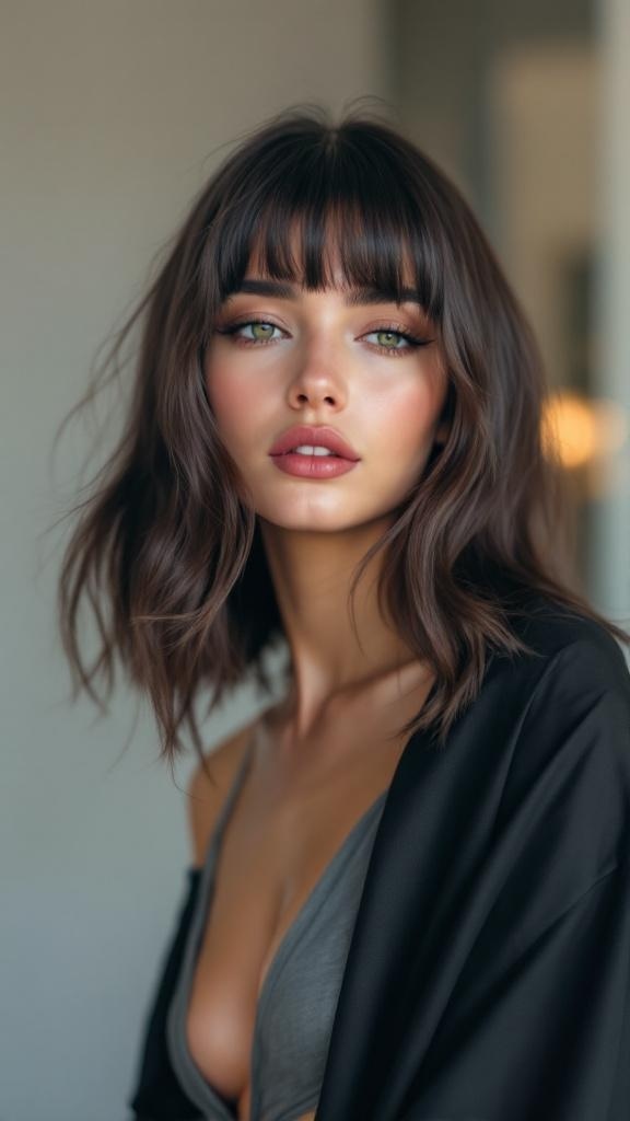 Model with straight curtain bangs and layered hair, showcasing a stylish hairstyle.