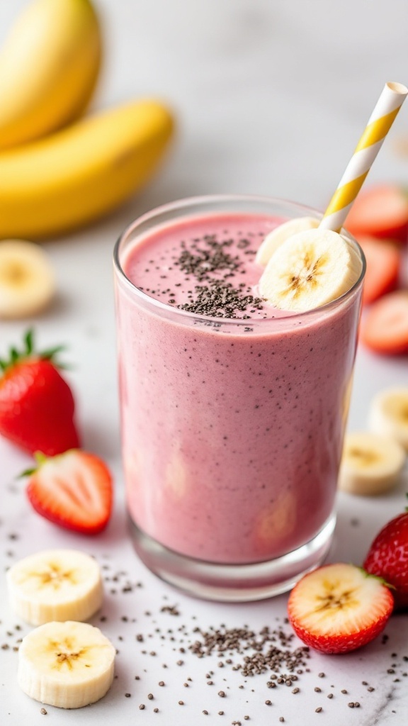 A pink smoothie made with strawberries and bananas, garnished with banana slices and chia seeds.