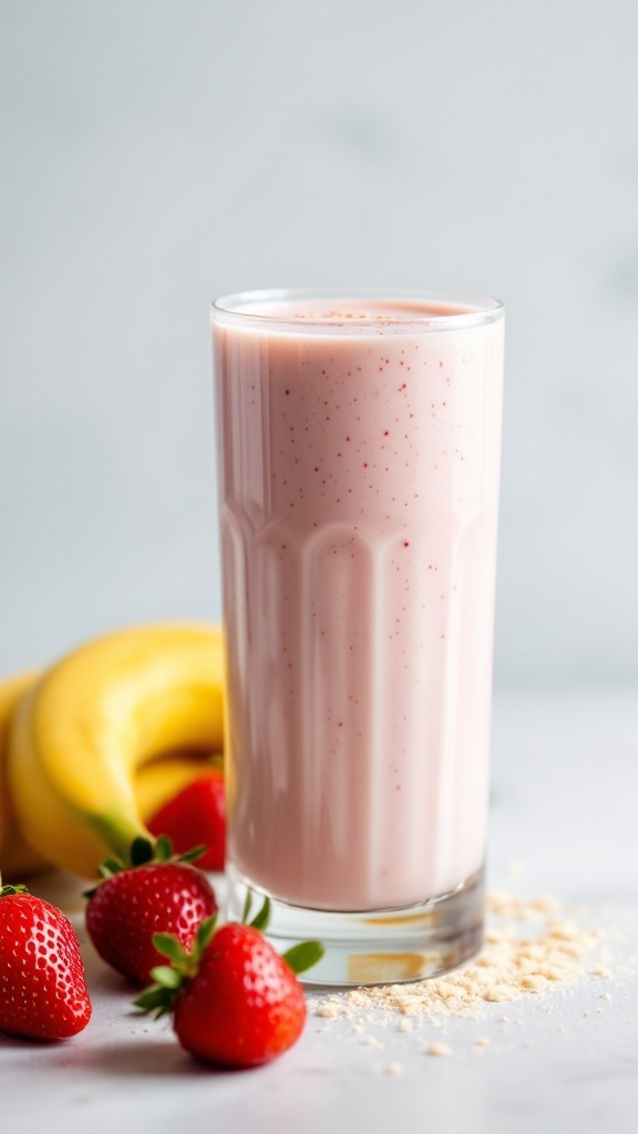 A glass of strawberry banana smoothie with almond milk, surrounded by fresh strawberries and a banana.