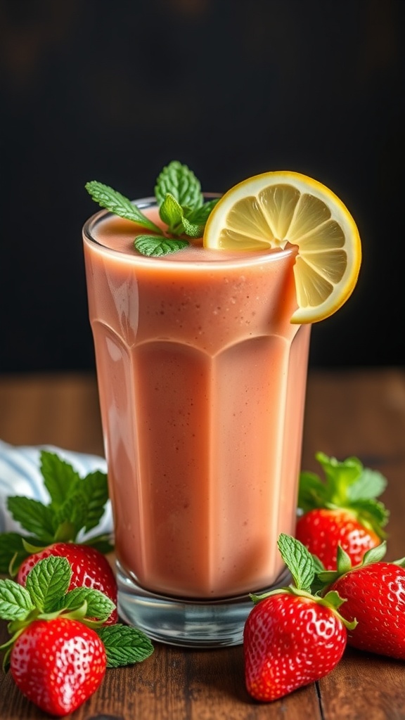 A refreshing strawberry green tea smoothie with mint and lemon garnishes.