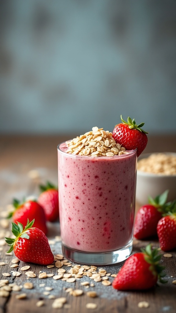 A refreshing Strawberry Oatmeal Collagen Smoothie topped with oats and strawberries.