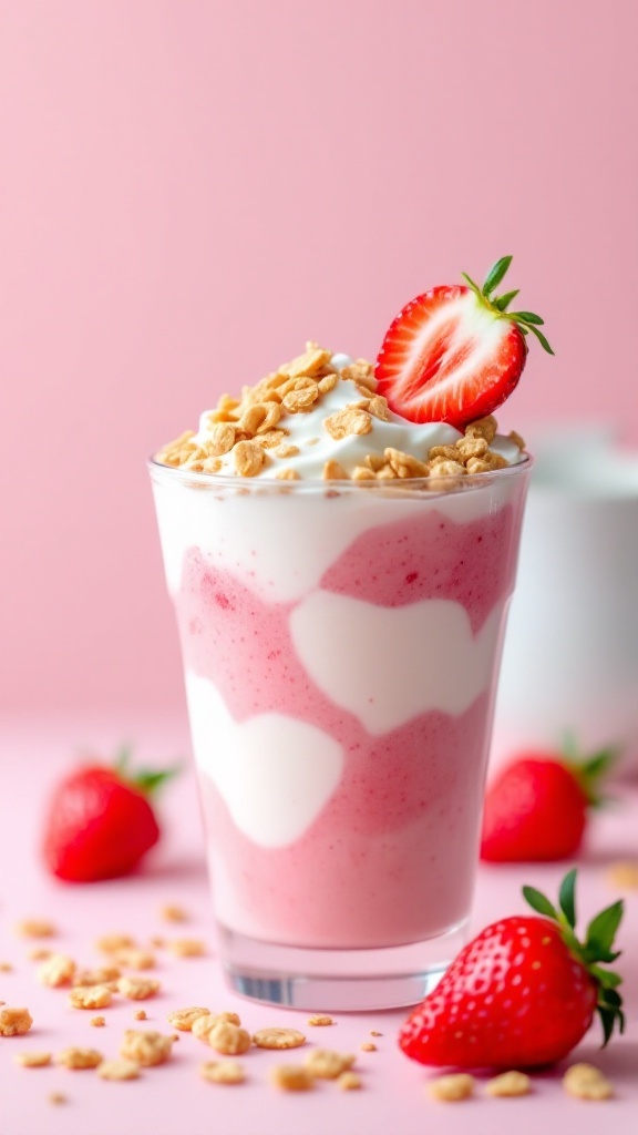 A delicious strawberry yogurt parfait smoothie topped with granola and fresh strawberries.