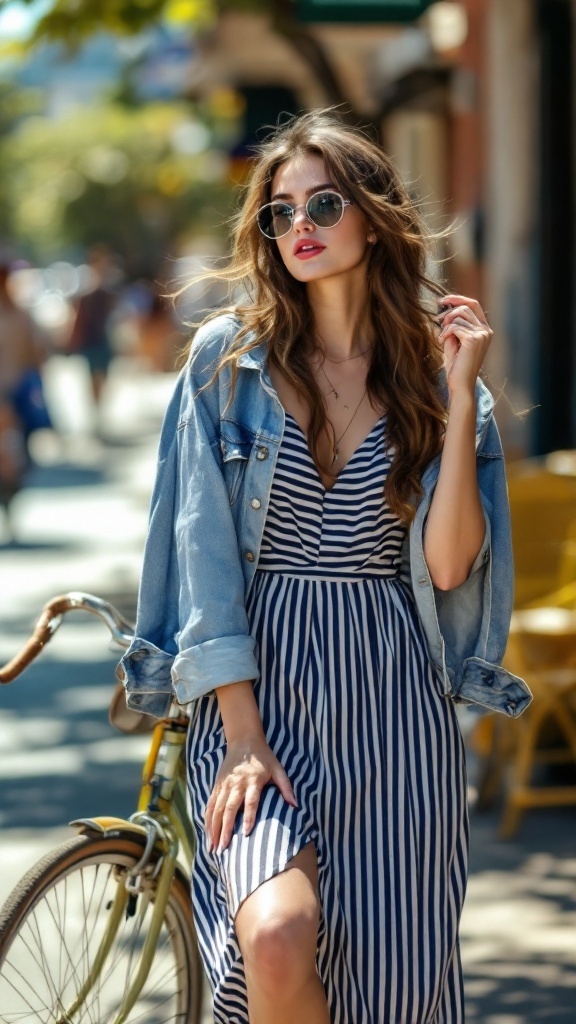A woman wearing a striped sundress and denim jacket, posing confidently outdoors