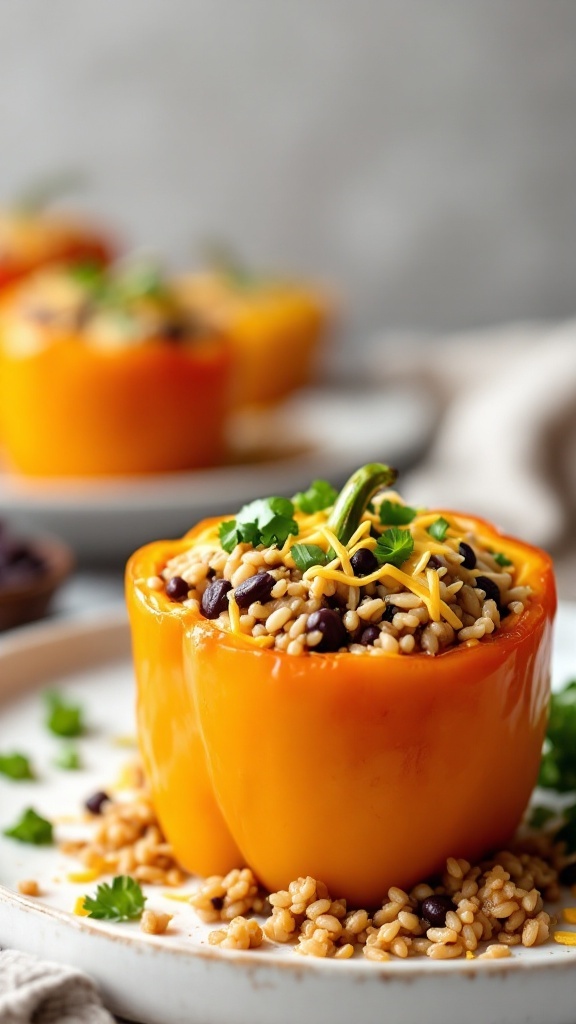 Stuffed bell peppers filled with brown rice, beans, and cheese