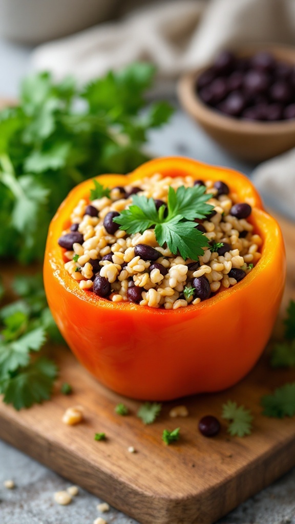 Stuffed bell peppers filled with brown rice and beans topped with cilantro.