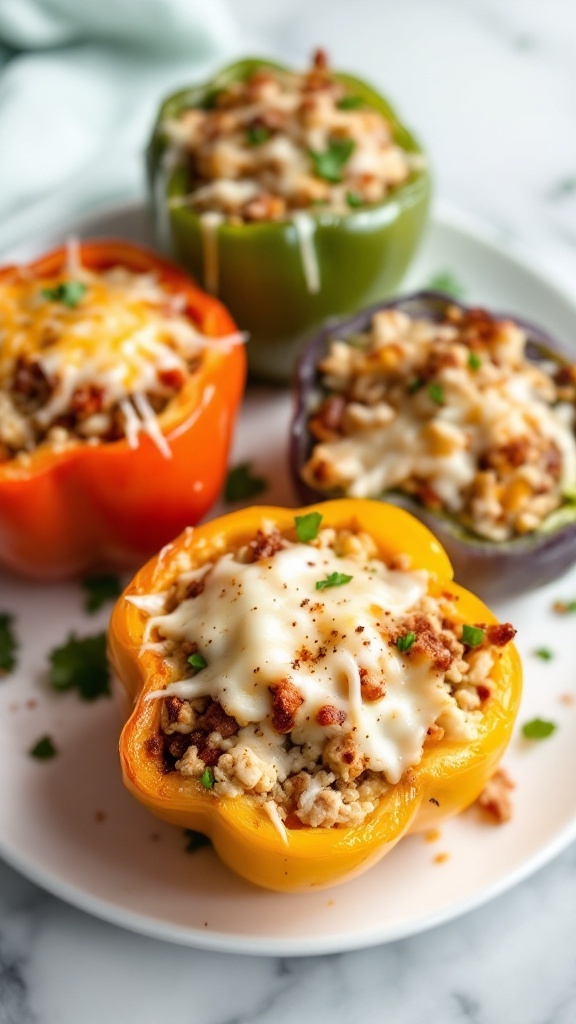 Stuffed bell peppers filled with cauliflower rice, ground turkey, and topped with cheese.