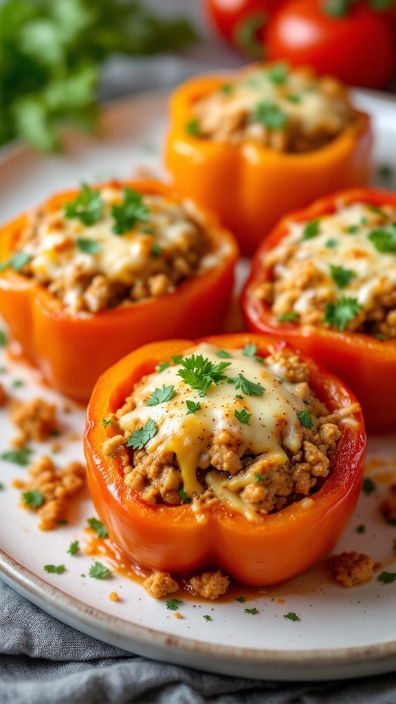 Stuffed bell peppers filled with ground turkey and topped with cheese.