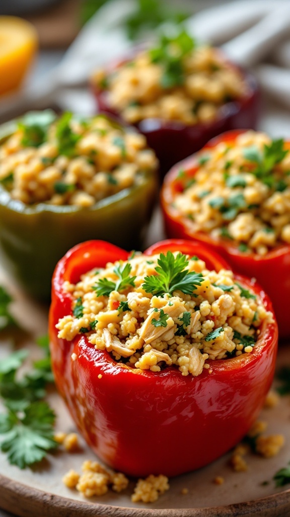 Colorful stuffed bell peppers filled with quinoa and chicken mixture