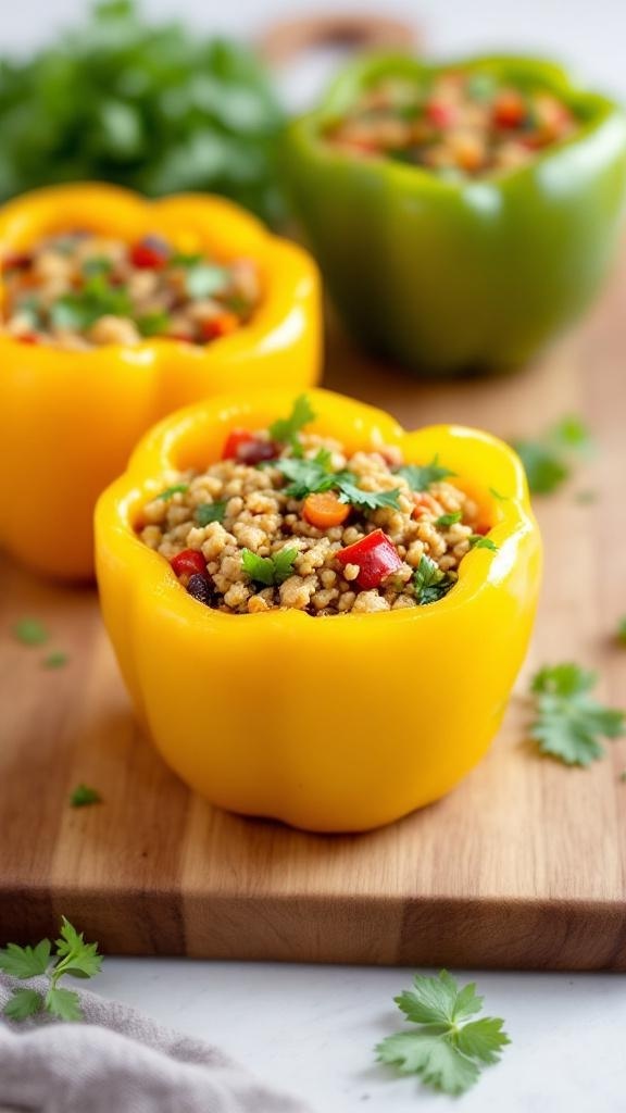 Stuffed bell peppers filled with turkey and quinoa on a wooden board.