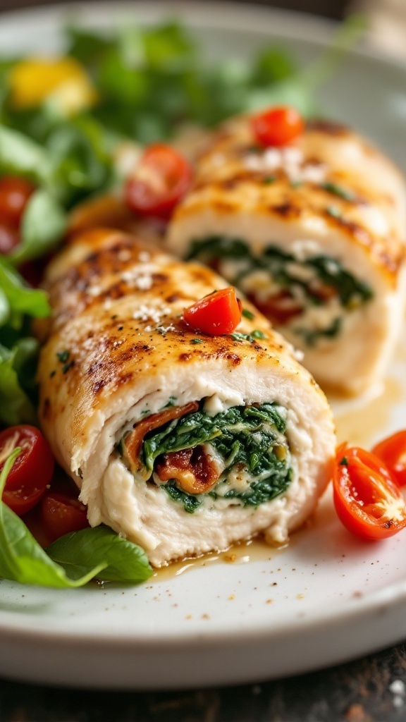 Stuffed chicken breast with sun-dried tomatoes and spinach on a plate