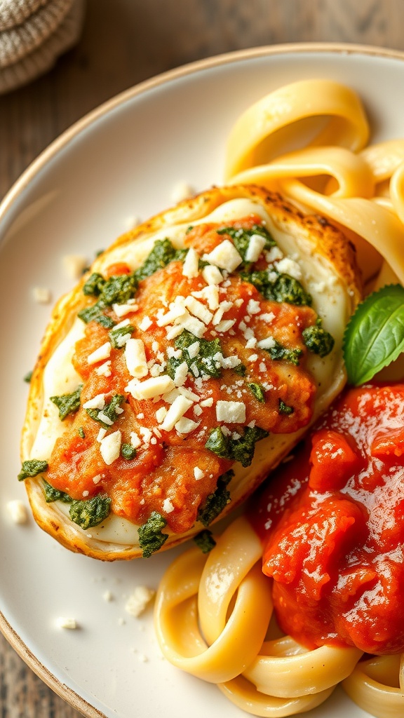 Stuffed chicken breast with pesto and mozzarella served with pasta and marinara sauce