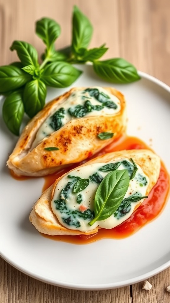 Stuffed chicken breasts with spinach and ricotta served on a plate with basil leaves.
