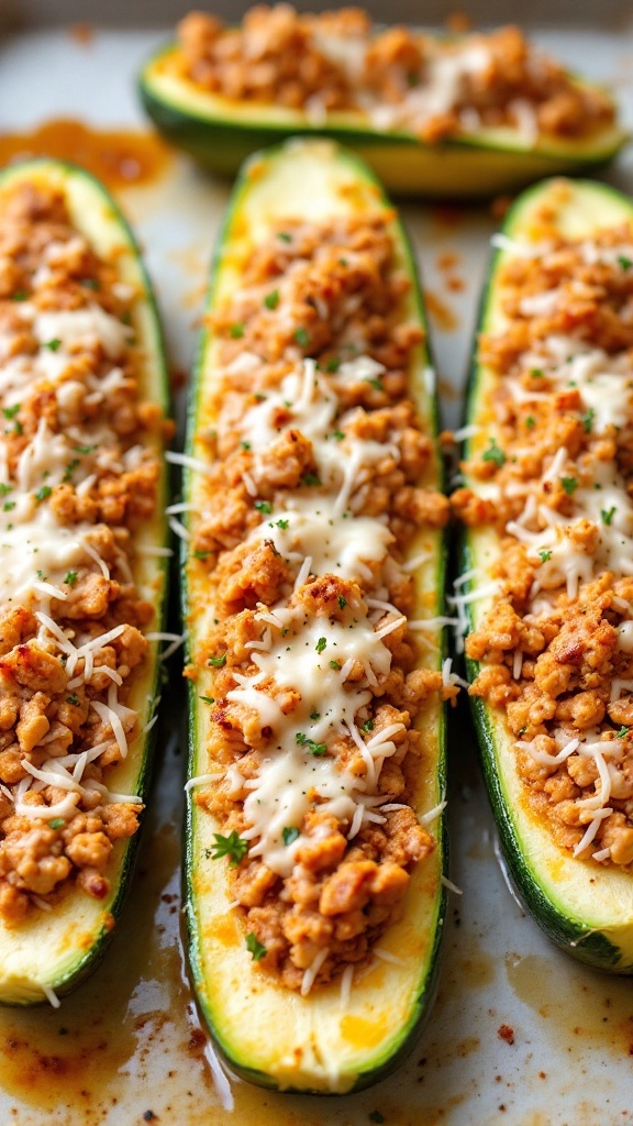 Stuffed zucchini boats filled with turkey and topped with cheese.