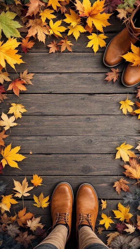 Brown ankle boots surrounded by colorful autumn leaves on a wooden surface.