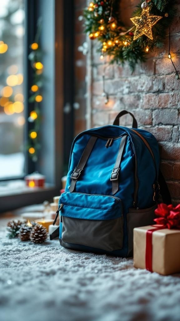 A stylish blue backpack placed against a brick wall decorated for Christmas with lights and a wreath.