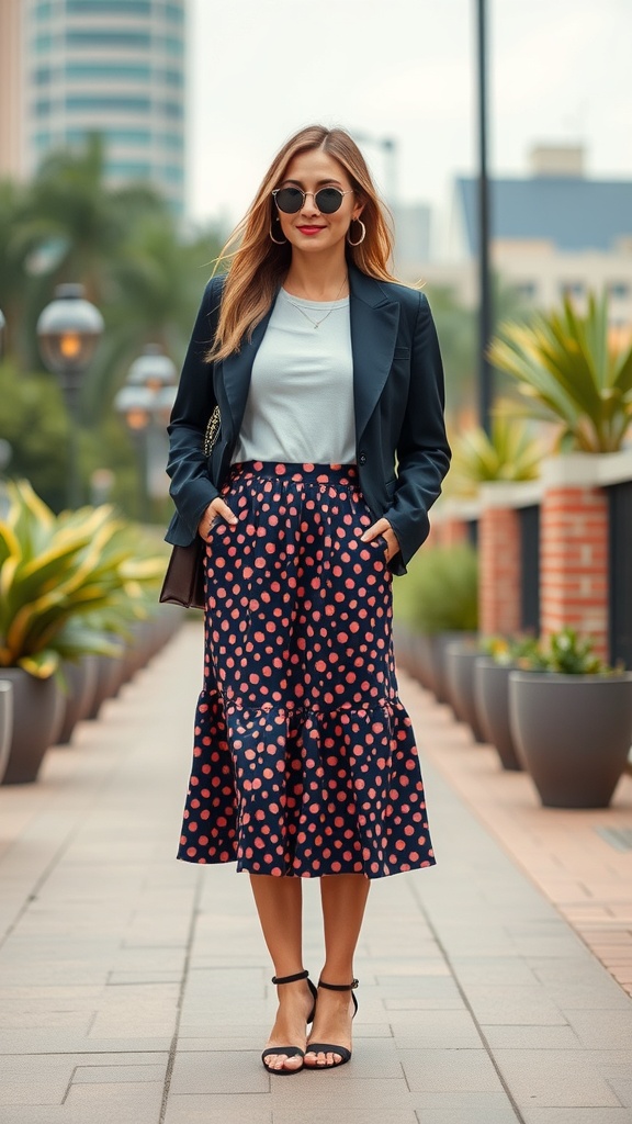 A stylish outfit featuring a floral midi skirt and a magenta top, paired with black boots.