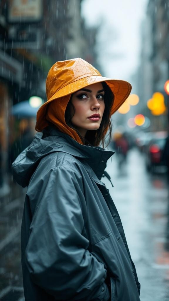 A model wearing an orange rain hat and gray waterproof jacket on a rainy city street.