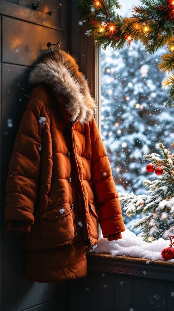 A stylish orange winter jacket hanging by a snowy window decorated for Christmas.