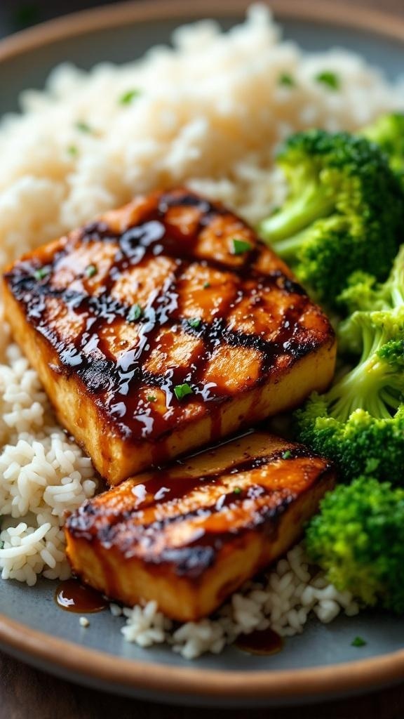 Grilled tofu with teriyaki sauce served with rice and broccoli