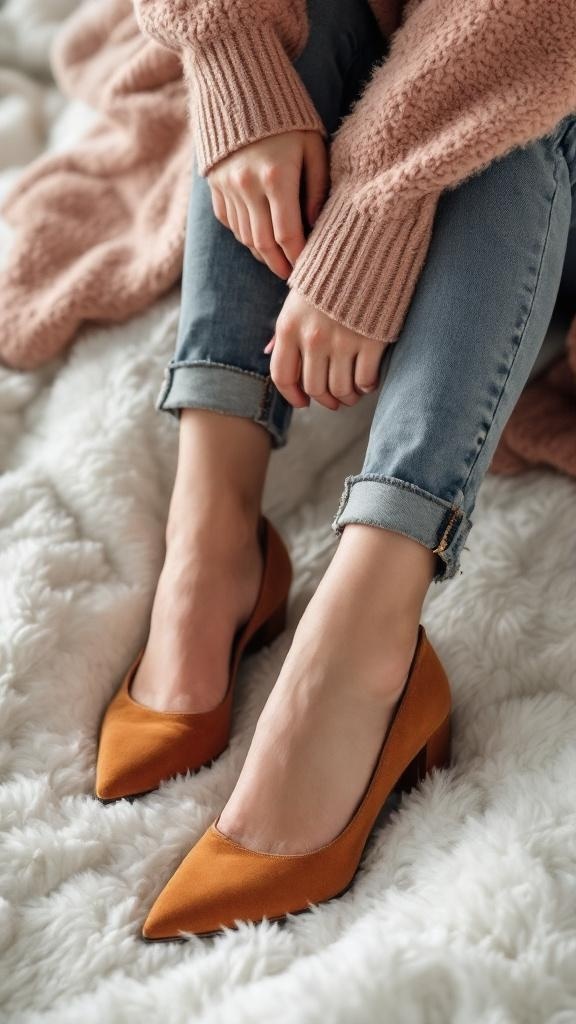 A pair of brown suede ankle boots worn with rolled-up plaid pants, resting on a fluffy surface.