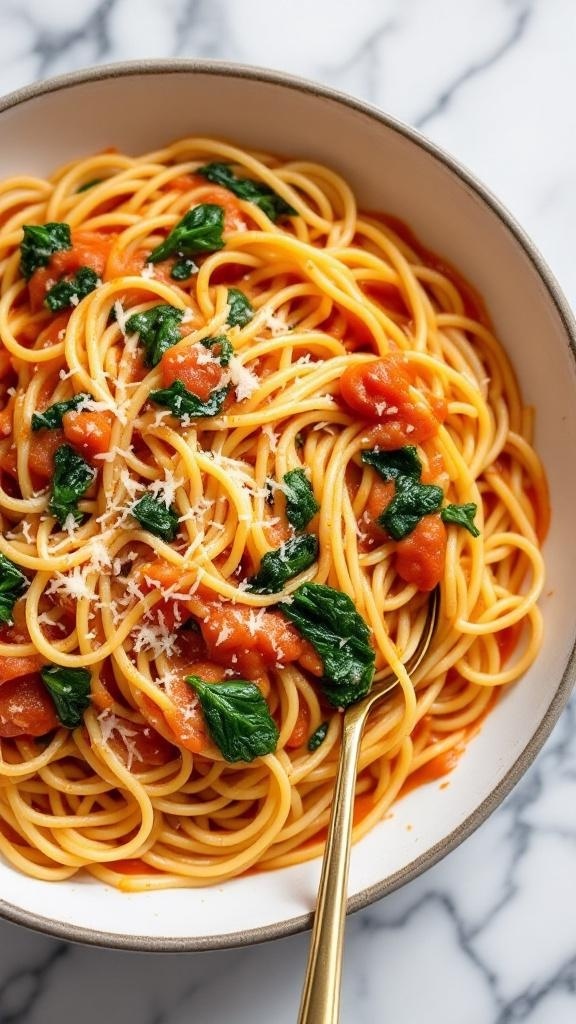 A bowl of creamy tomato spinach pasta with spaghetti, topped with grated cheese.