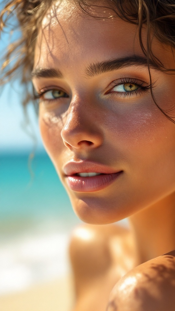 Close-up of a woman with glowing skin, sun-kissed look, and a natural makeup style