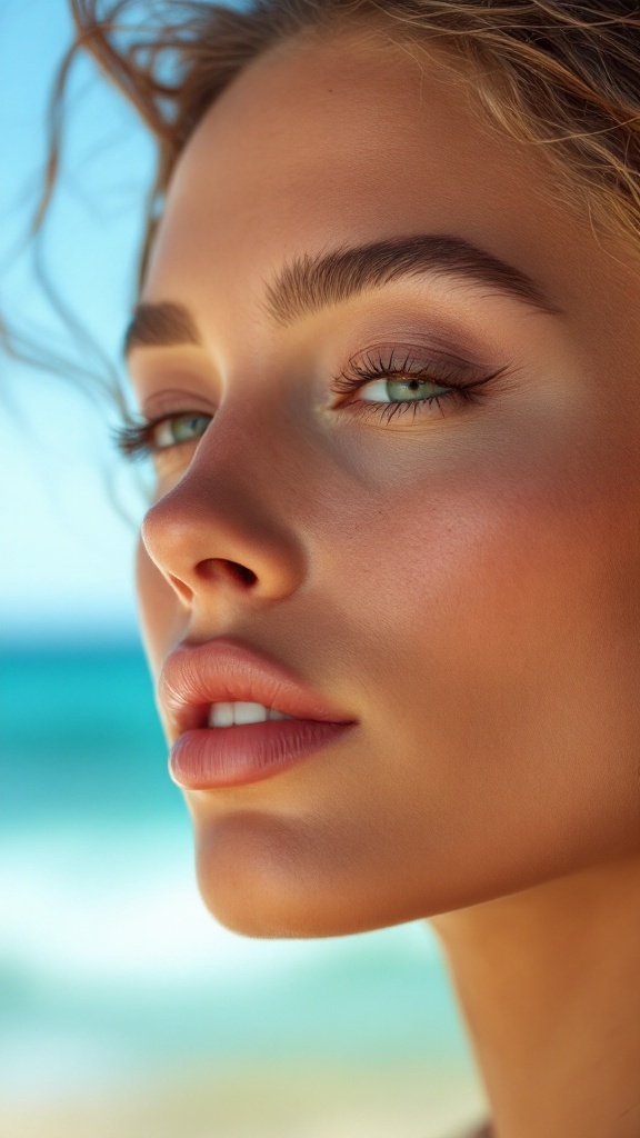 Close-up of a woman's face showing sun-kissed glow with beach in the background