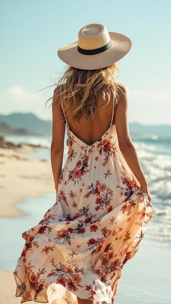 A woman wearing a floral sundress and a floppy hat walking along the beach.