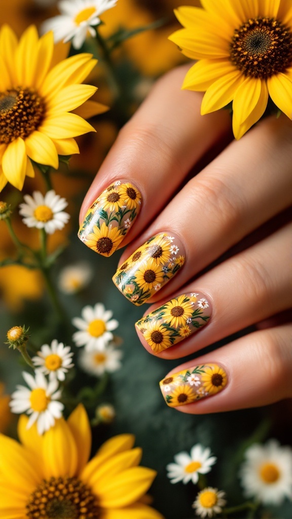 Nail design featuring sunflowers and daisies on a hand surrounded by yellow flowers