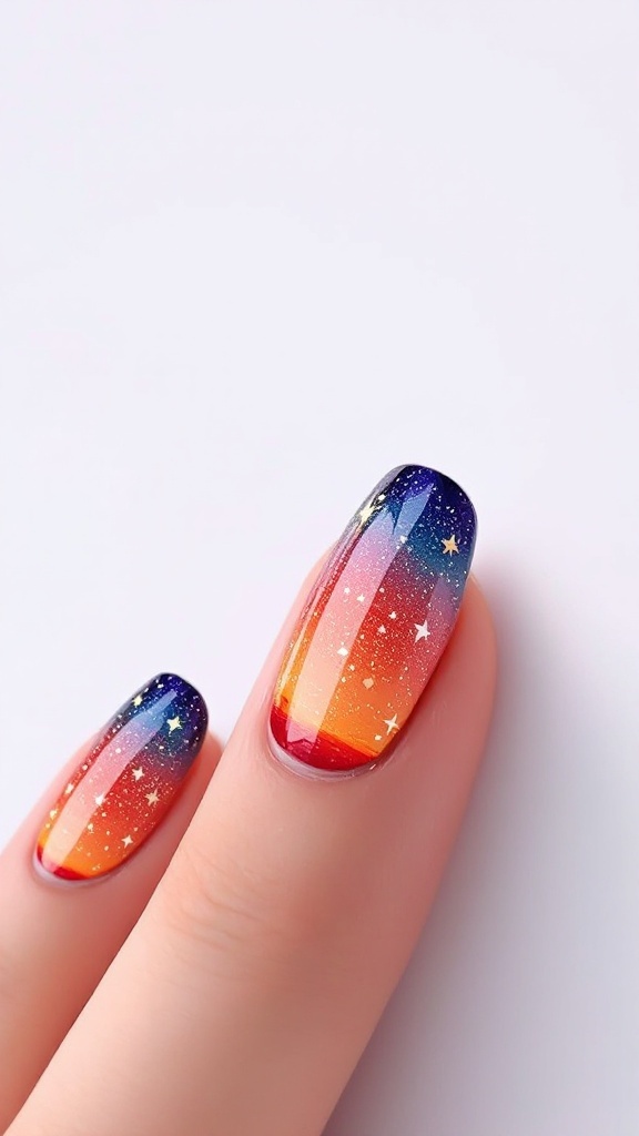 Close-up of nails with a sunset gradient glow design featuring warm colors and star details