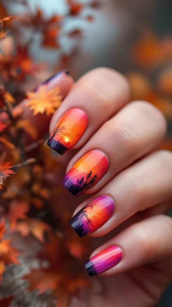 Beautiful sunset gradient nails featuring orange, pink, and purple colors with tree silhouettes