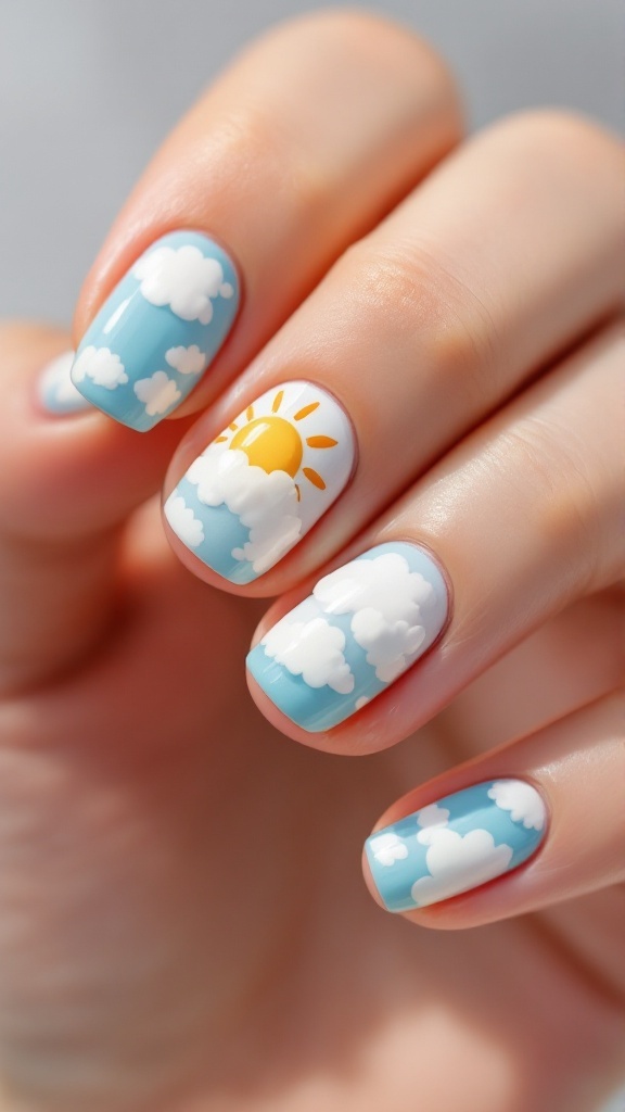 Nail art featuring a sunny and cloudy theme with a blue background