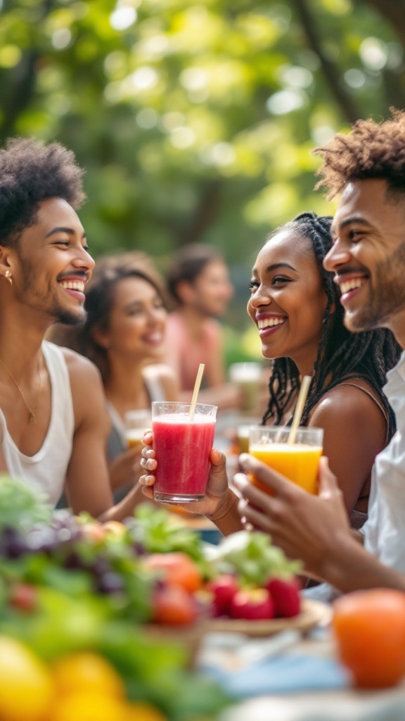 A group of friends enjoying colorful smoothies outdoors.