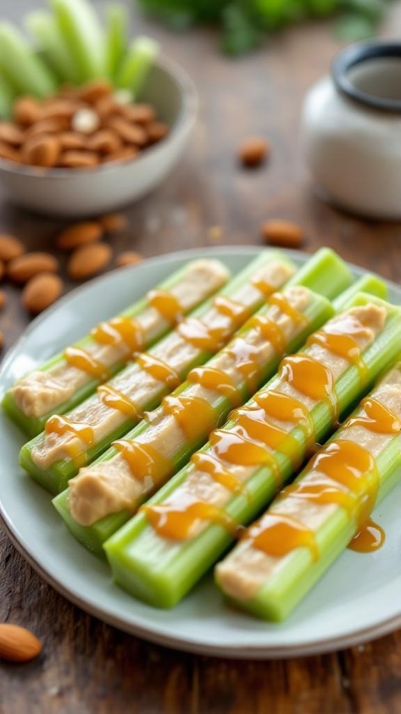 Almond butter spread on celery sticks, drizzled with honey, served on a plate