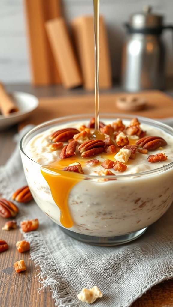 A bowl of maple pecan overnight oats with syrup drizzling on top