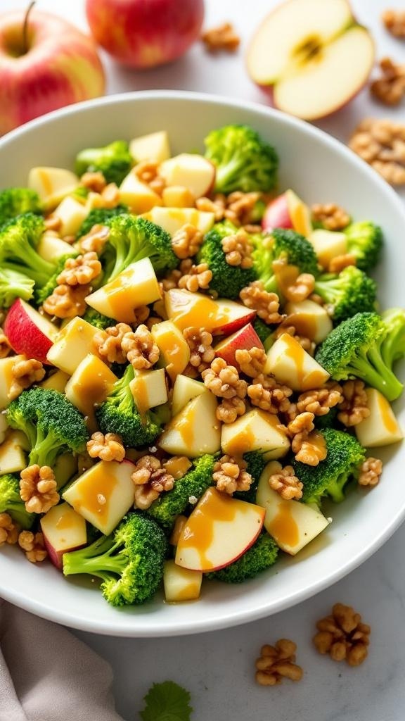 A colorful bowl of broccoli salad with apples and walnuts, drizzled with dressing.