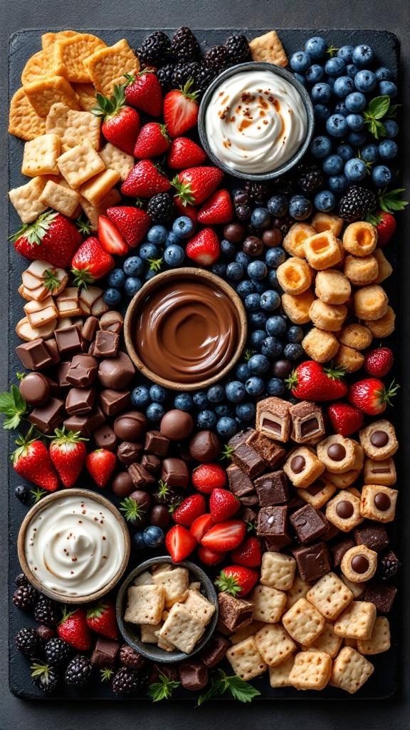 A beautifully arranged sweet and savory dessert board featuring fresh fruits, chocolates, cookies, and dips.