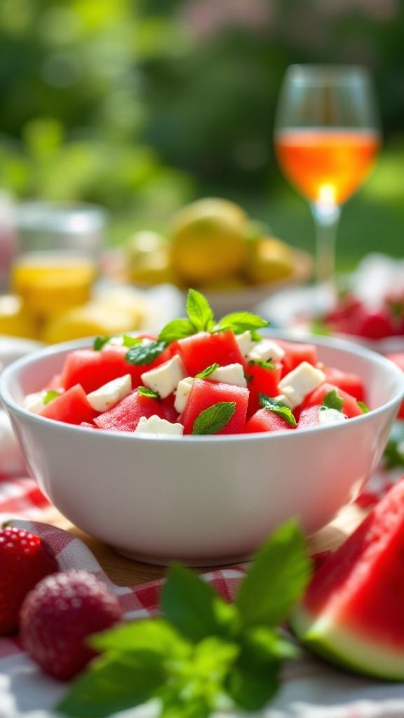 A bowl of watermelon feta salad with mint leaves, surrounded by fresh fruits and a glass of drink.