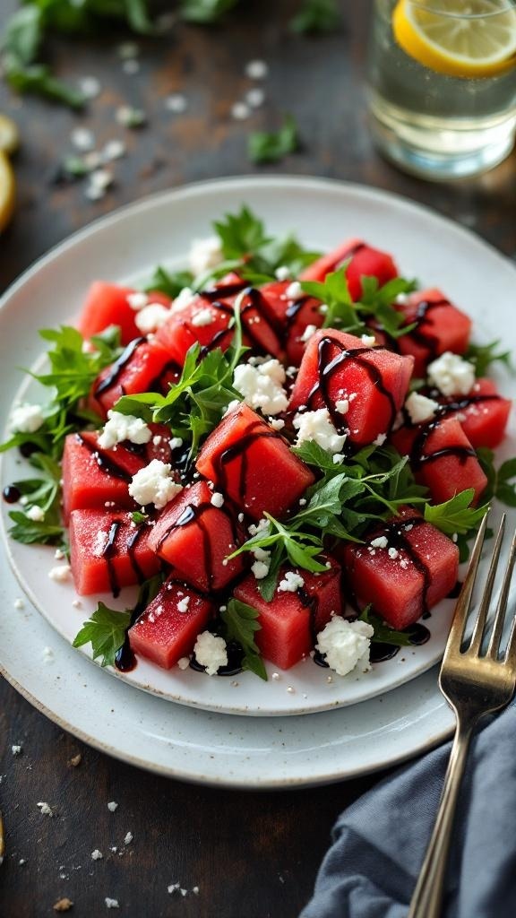 A vibrant watermelon salad with feta cheese, arugula, and balsamic reduction on a plate.